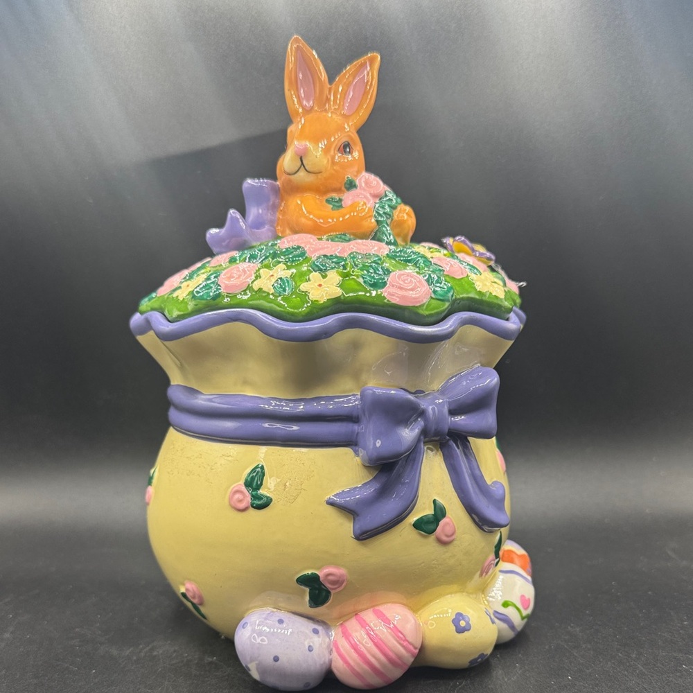 Easter Bunny Ceramic Cookie Jar - Yellow and Purple